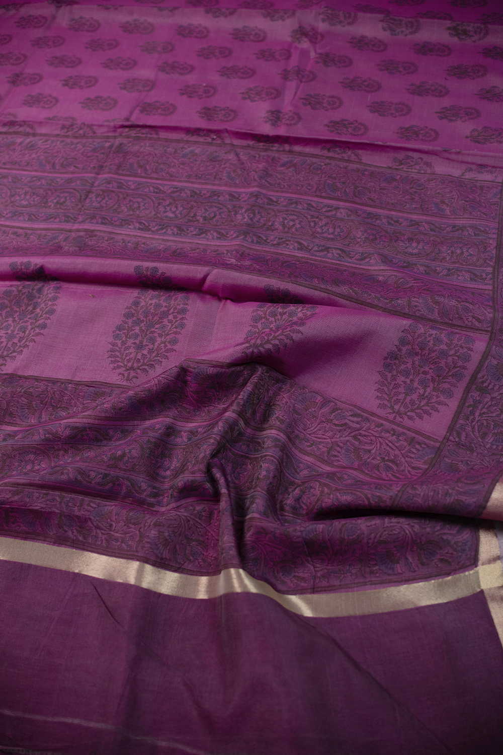 Purple - Floral Butta Block Printed Silk Cotton saree - Image 3