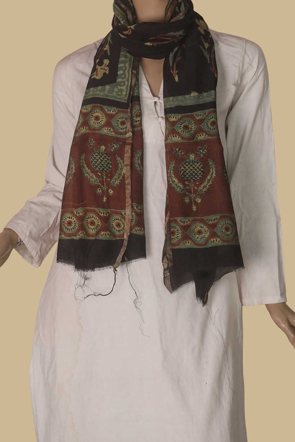 Slim Leaf - Black Block Printed Silk Cotton Stole