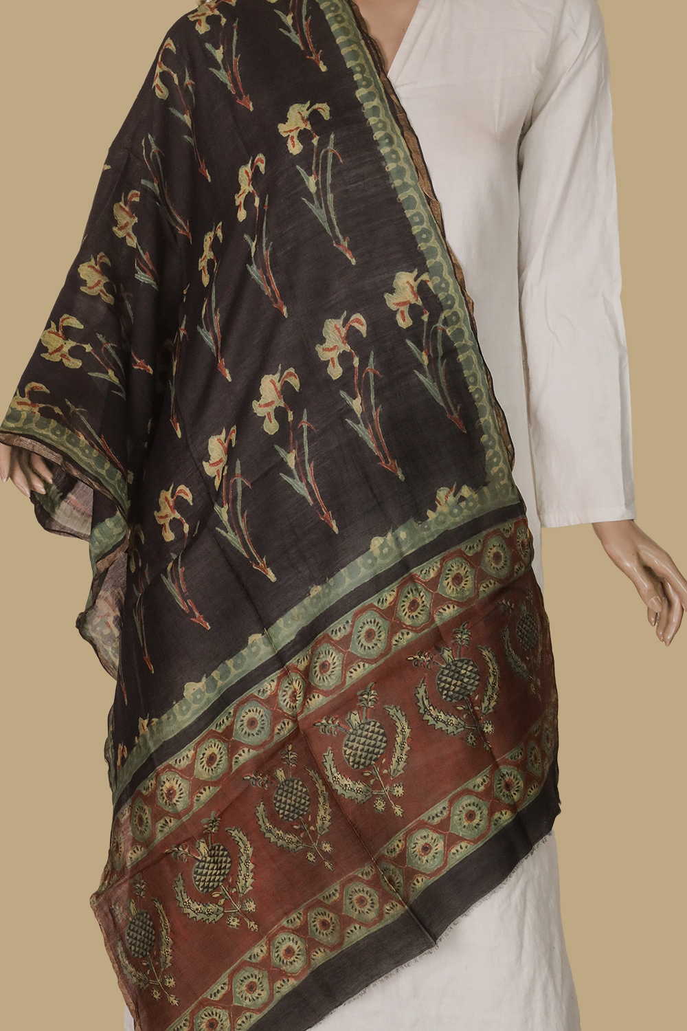 Slim Leaf - Black Block Printed Silk Cotton Stole - Image 3