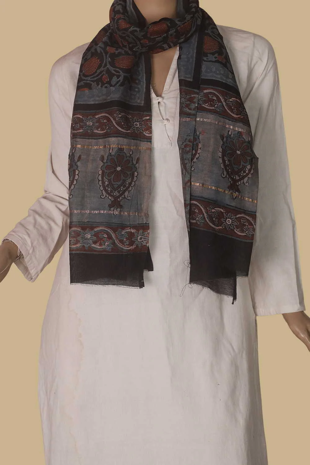 Lotus Midrib - Black Block Printed Silk Cotton Stole