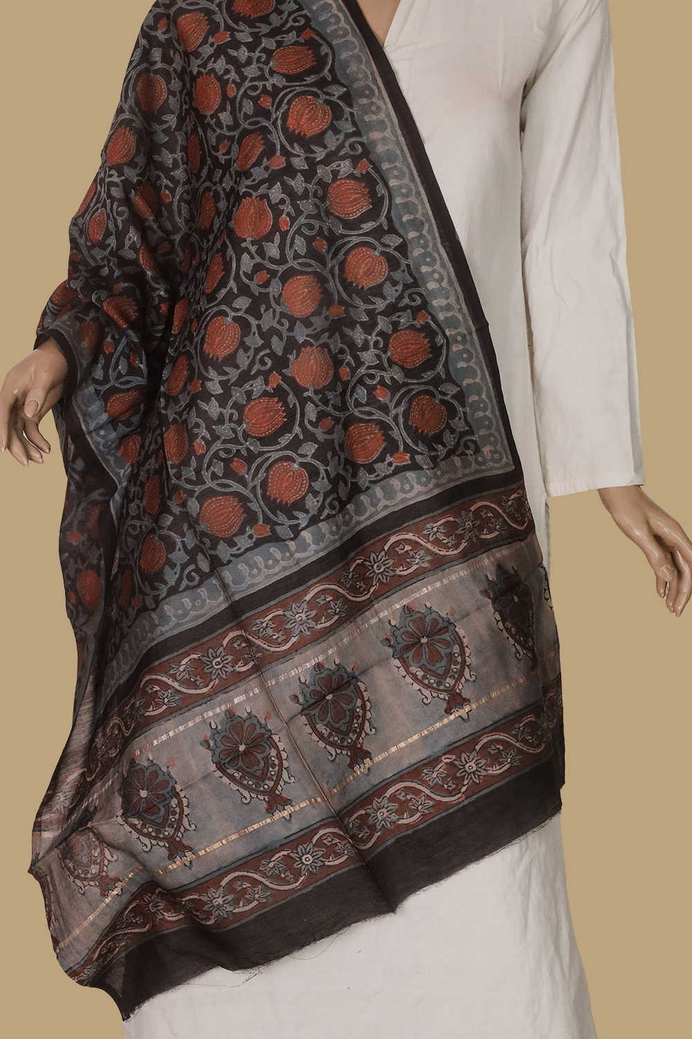 Lotus Midrib - Black Block Printed Silk Cotton Stole - Image 2