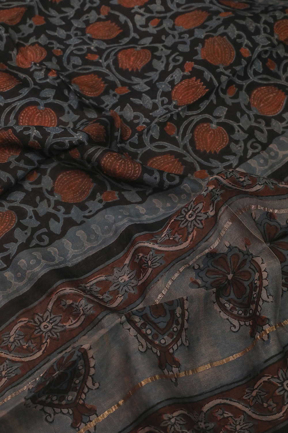 Lotus Midrib - Black Block Printed Silk Cotton Stole - Image 3