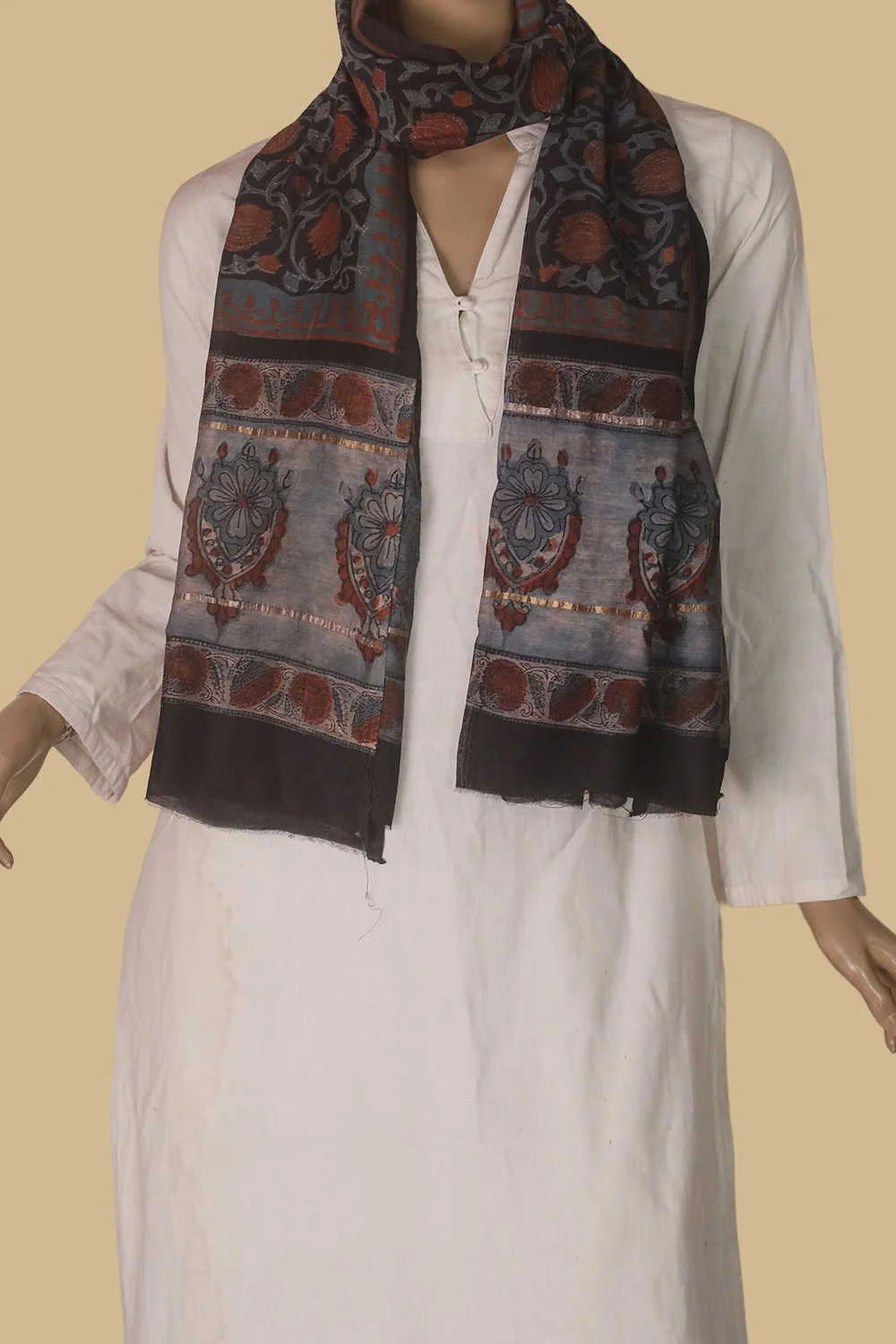 Black - Lotus Bloom Block Printed Silk Cotton Stole