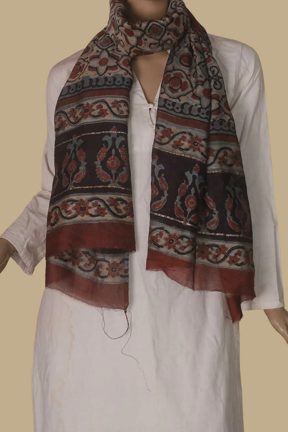 Patterend - Grey Block Printed Silk Cotton Stole