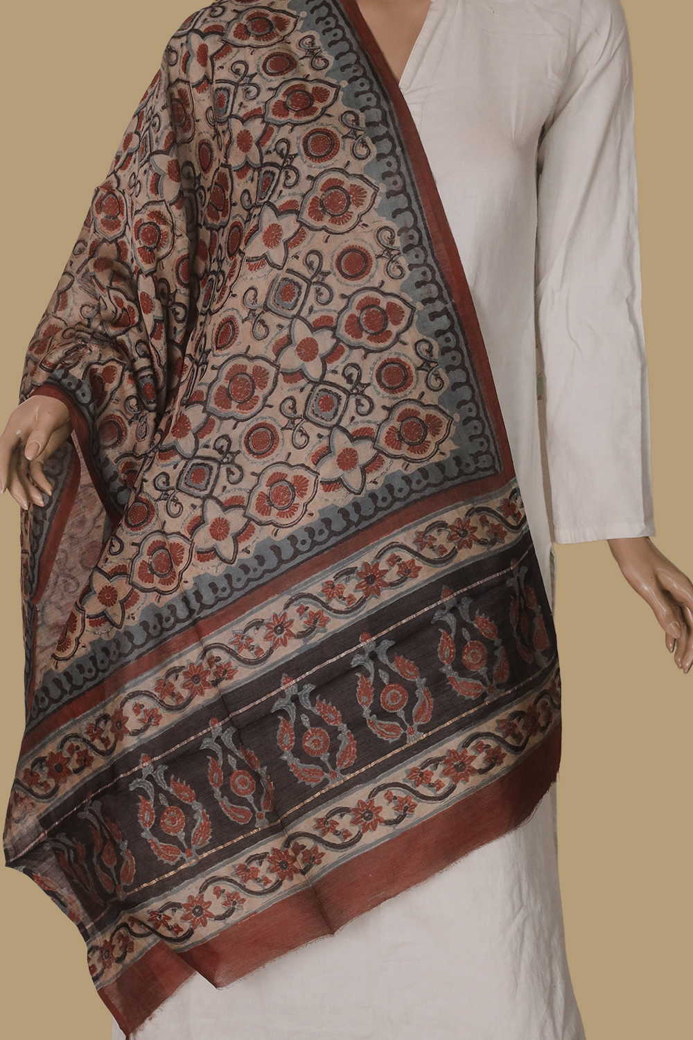 Patterend - Grey Block Printed Silk Cotton Stole - Image 2
