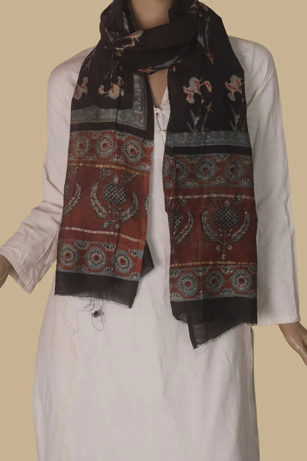 Big Motifs - Black Block Printed Silk Cotton Stole