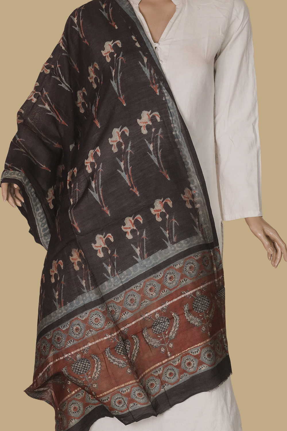 Big Motifs - Black Block Printed Silk Cotton Stole - Image 2