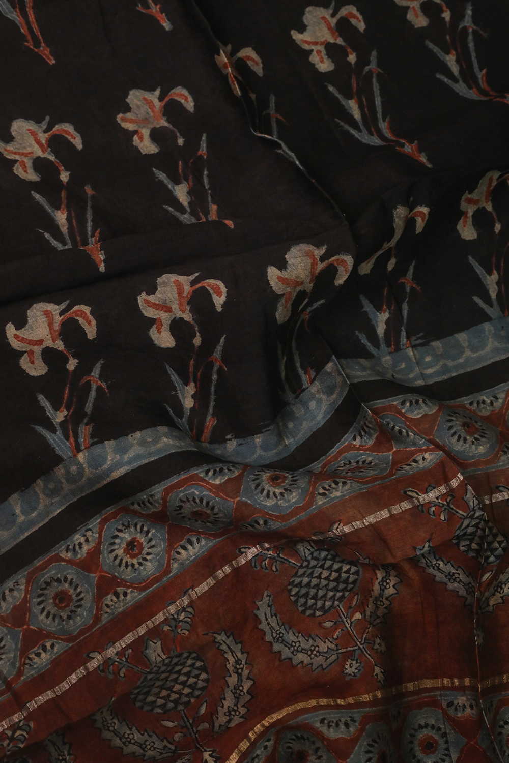 Big Motifs - Black Block Printed Silk Cotton Stole - Image 3