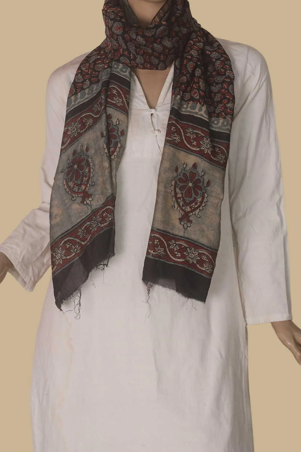 Leaf Foliage - Black Block Printed Silk Cotton Stole