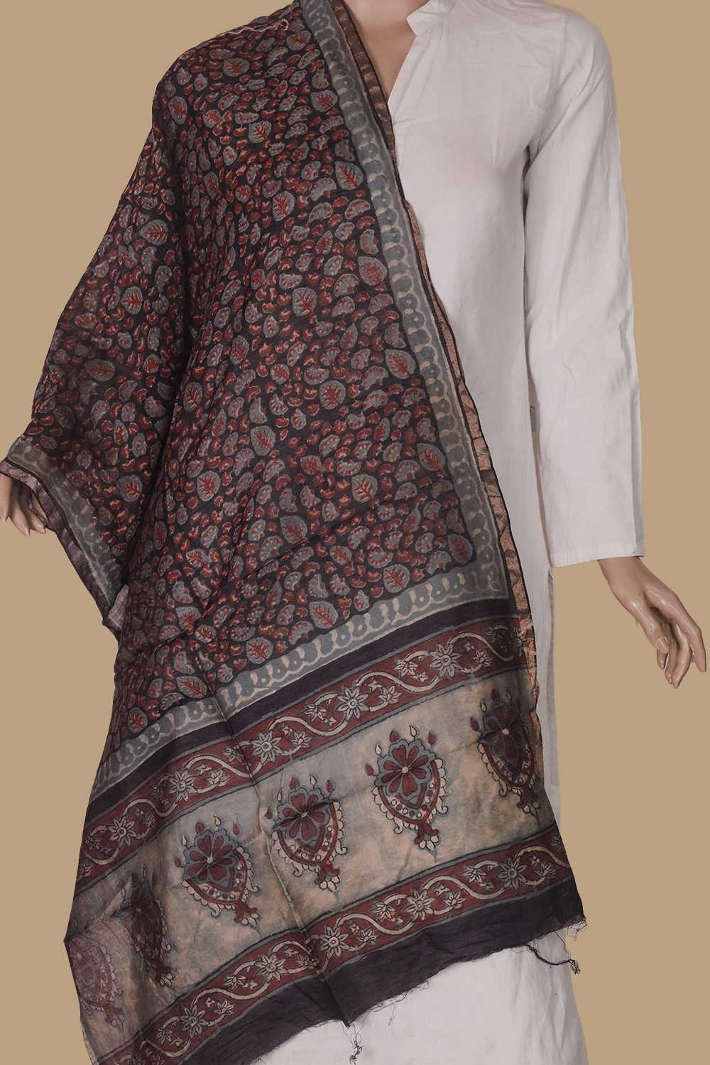 Leaf Foliage - Black Block Printed Silk Cotton Stole - Image 2