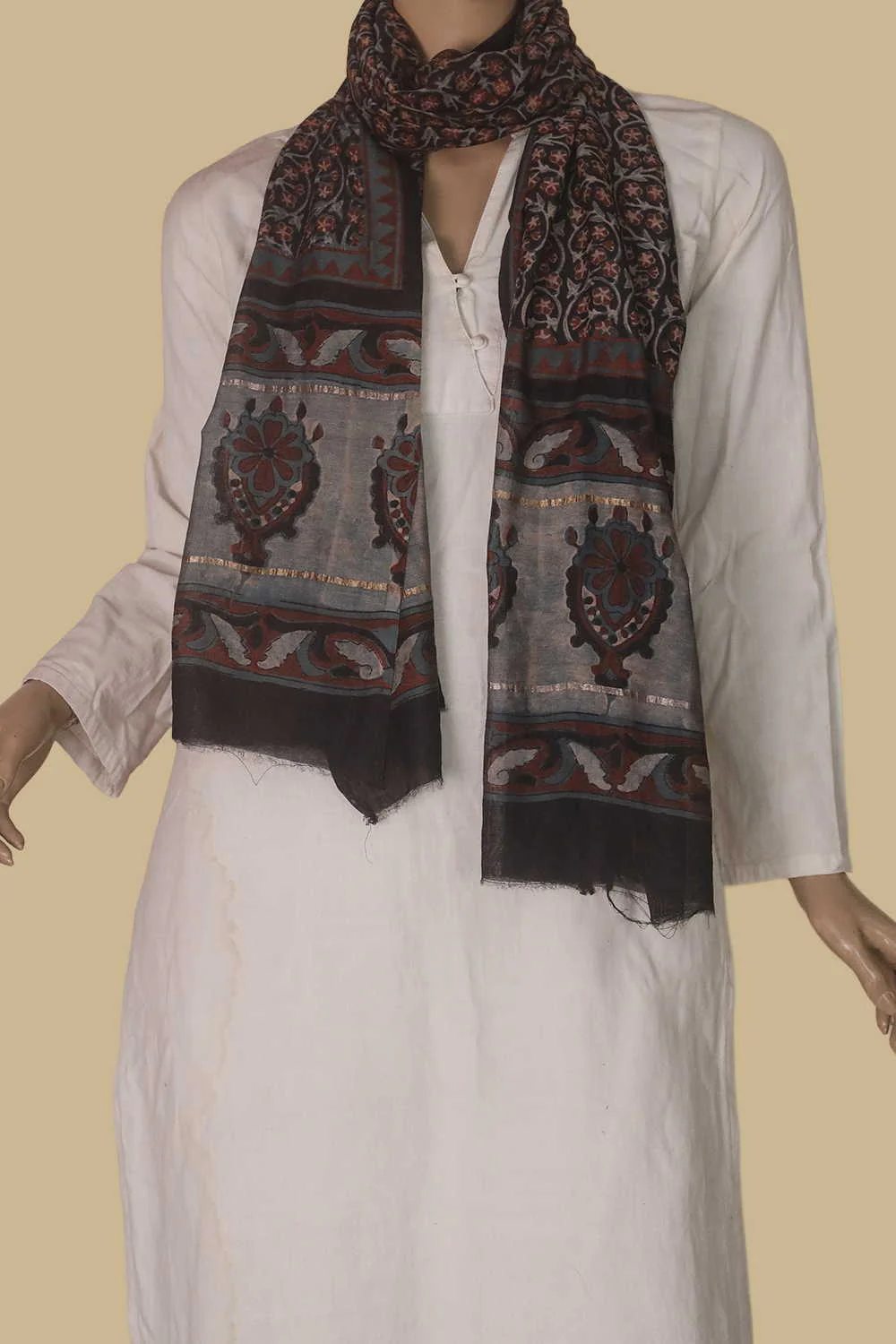Intricate Design - Black Block Printed Silk Cotton Stole