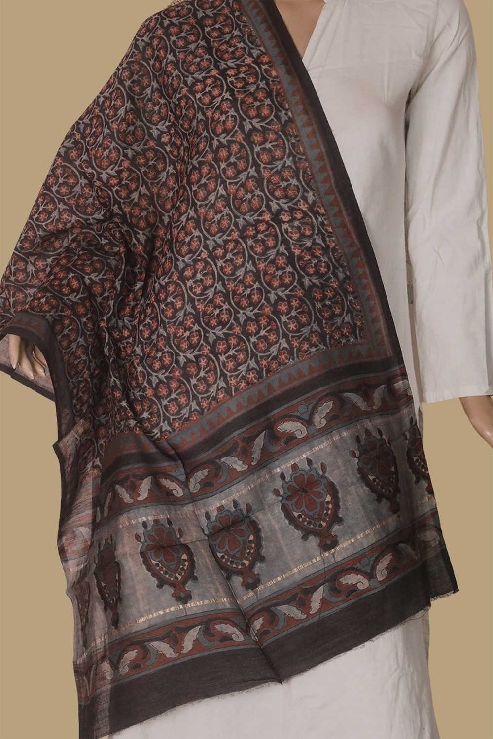 Intricate Design - Black Block Printed Silk Cotton Stole - Image 2
