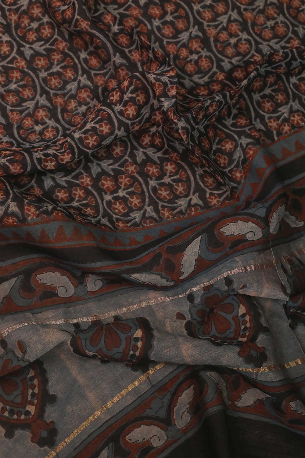 Intricate Design - Black Block Printed Silk Cotton Stole - Image 3