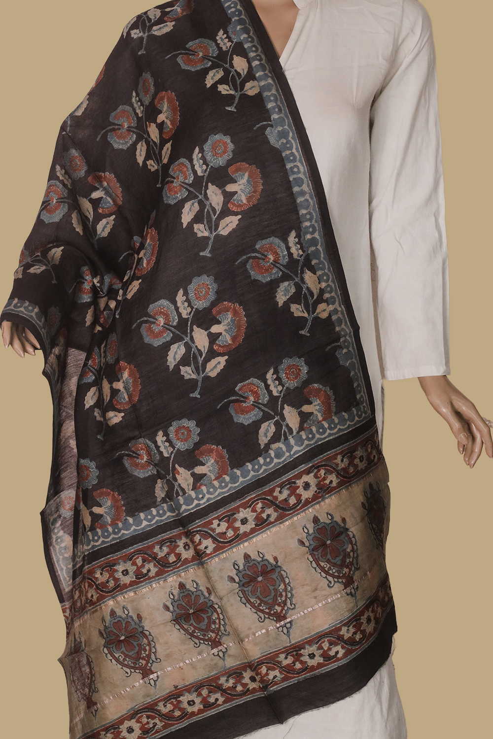 Black - Floral Block Printed Silk Cotton Stole