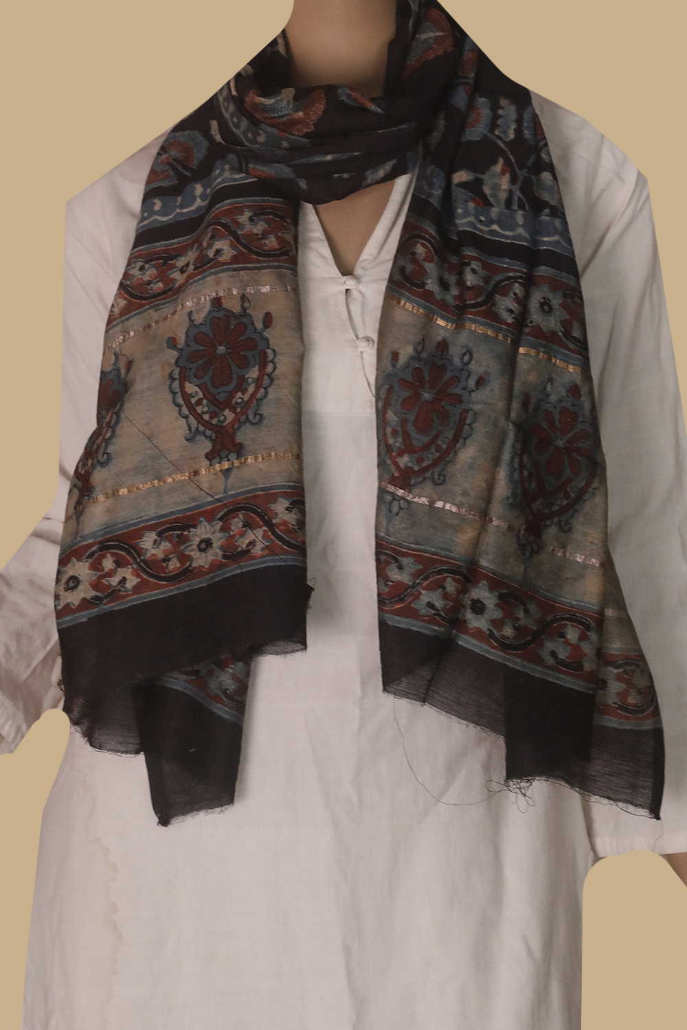 Black - Floral Block Printed Silk Cotton Stole - Image 2