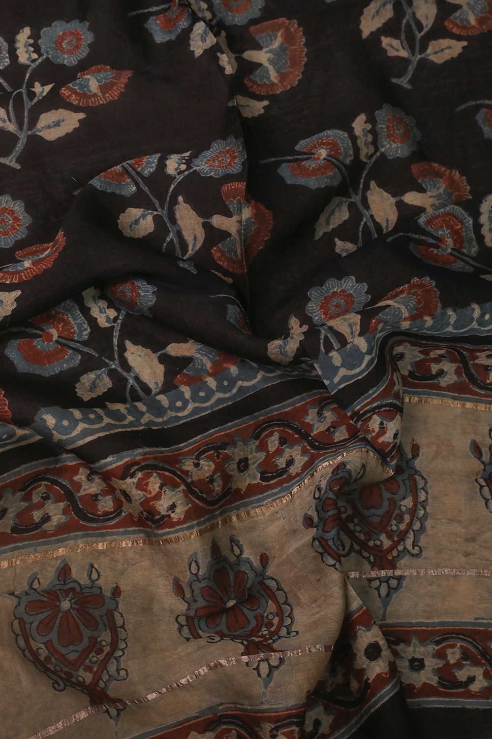 Black - Floral Block Printed Silk Cotton Stole - Image 3
