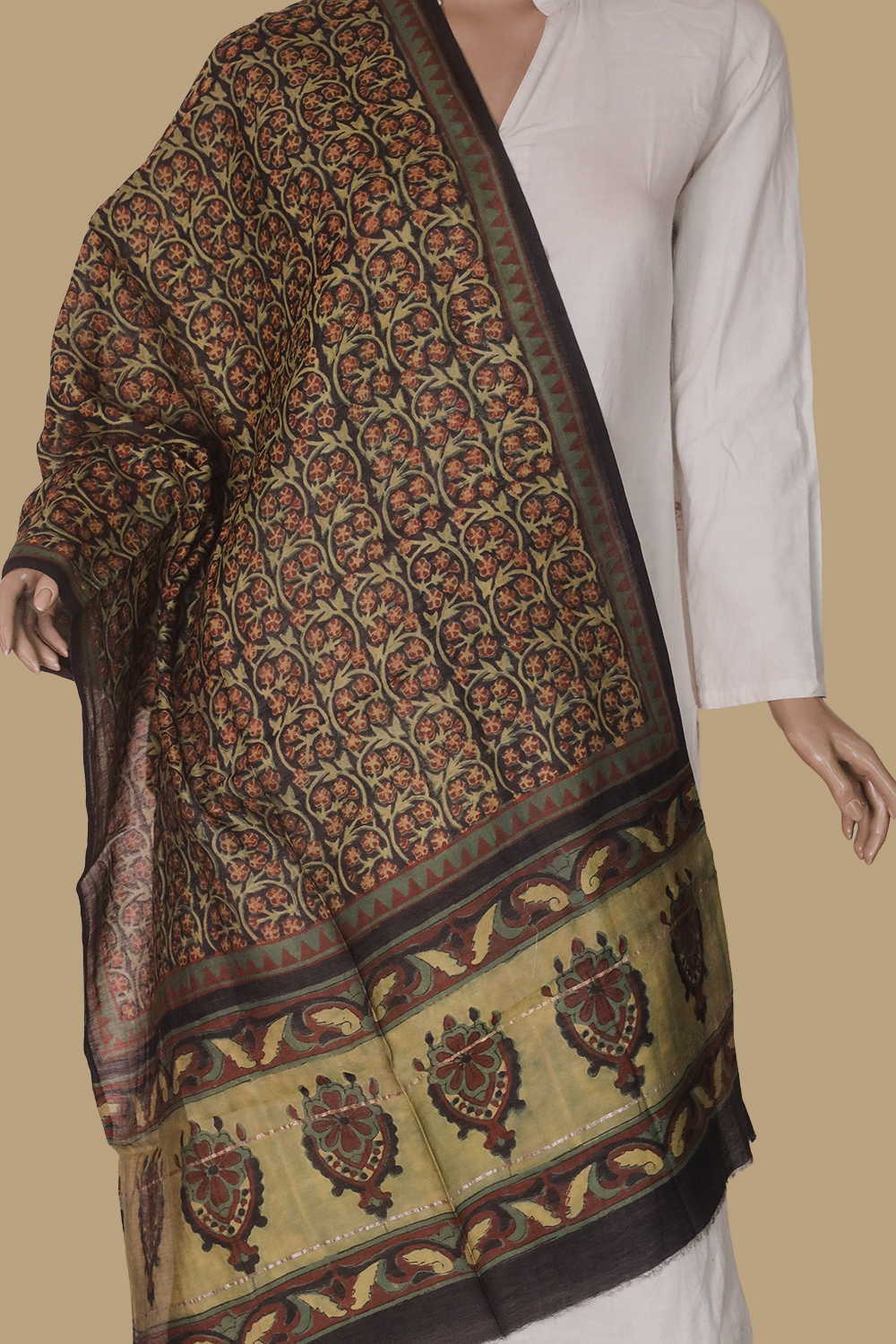 Green Floral on Black Block Printed Silk Cotton Stole