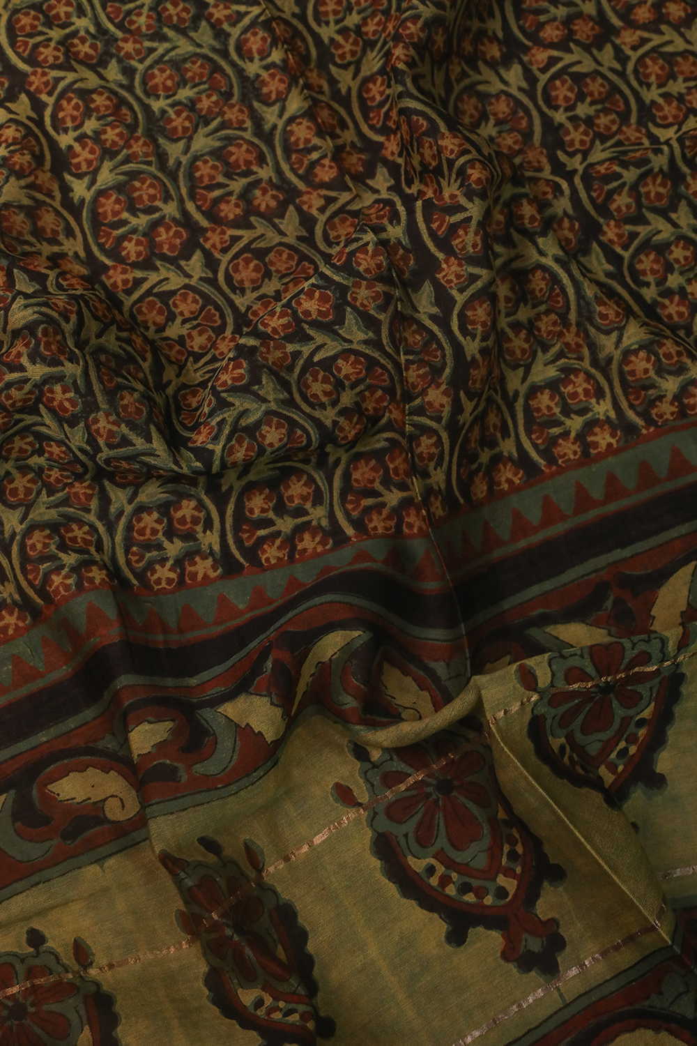Green Floral on Black Block Printed Silk Cotton Stole - Image 2