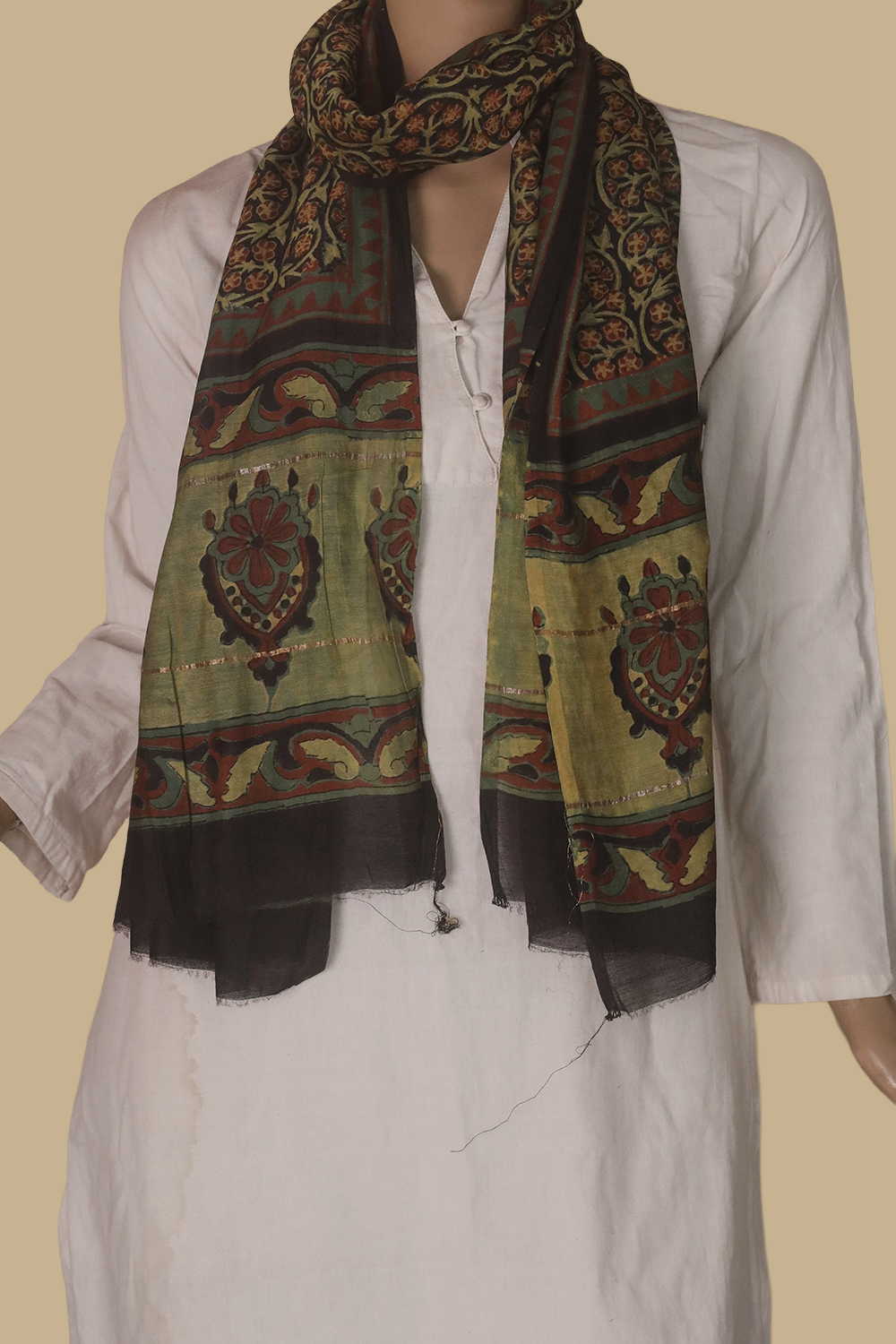 Green Floral on Black Block Printed Silk Cotton Stole - Image 3