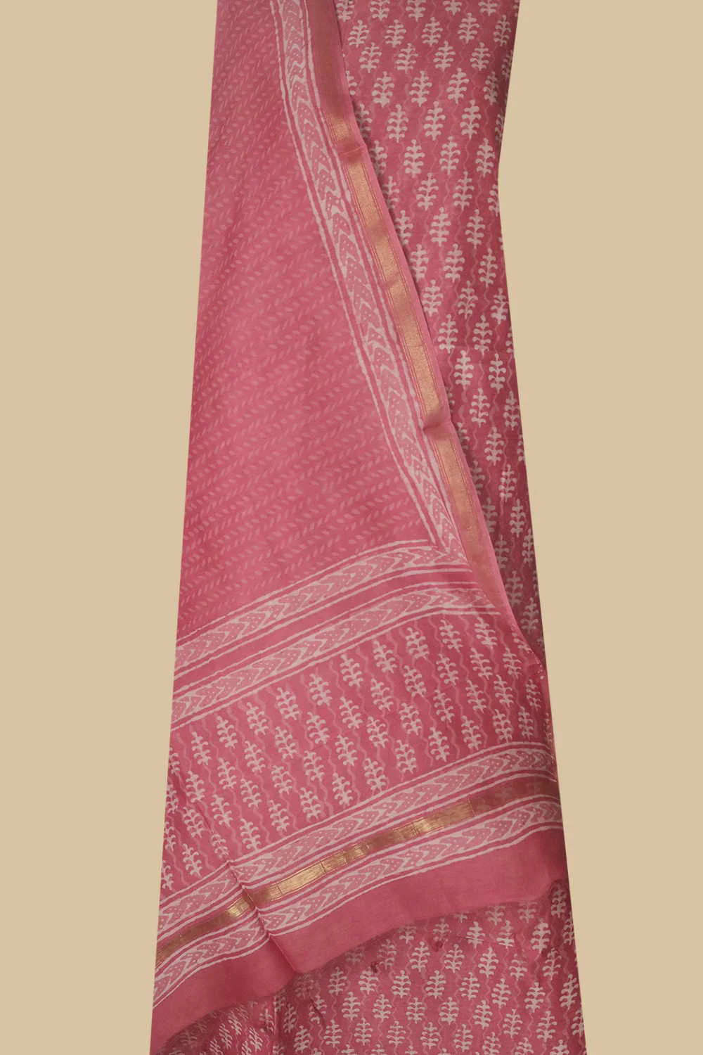 Pink with Cream Buttas - Block Printed Chanderi Top & Dupatta
