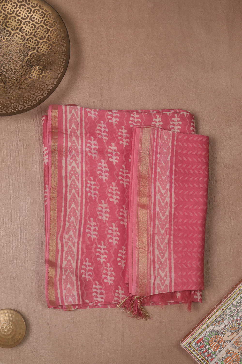 Pink with Cream Buttas - Block Printed Chanderi Top & Dupatta - Image 2