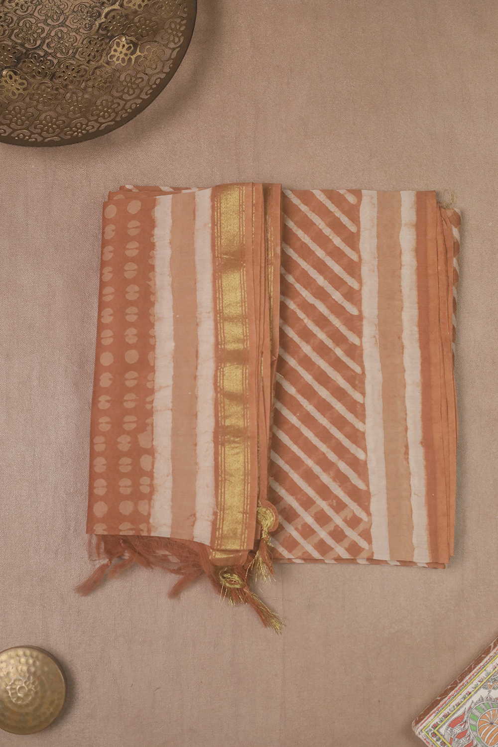 Lines on Pastel Orange Block Printed Chanderi Top & Dupatta