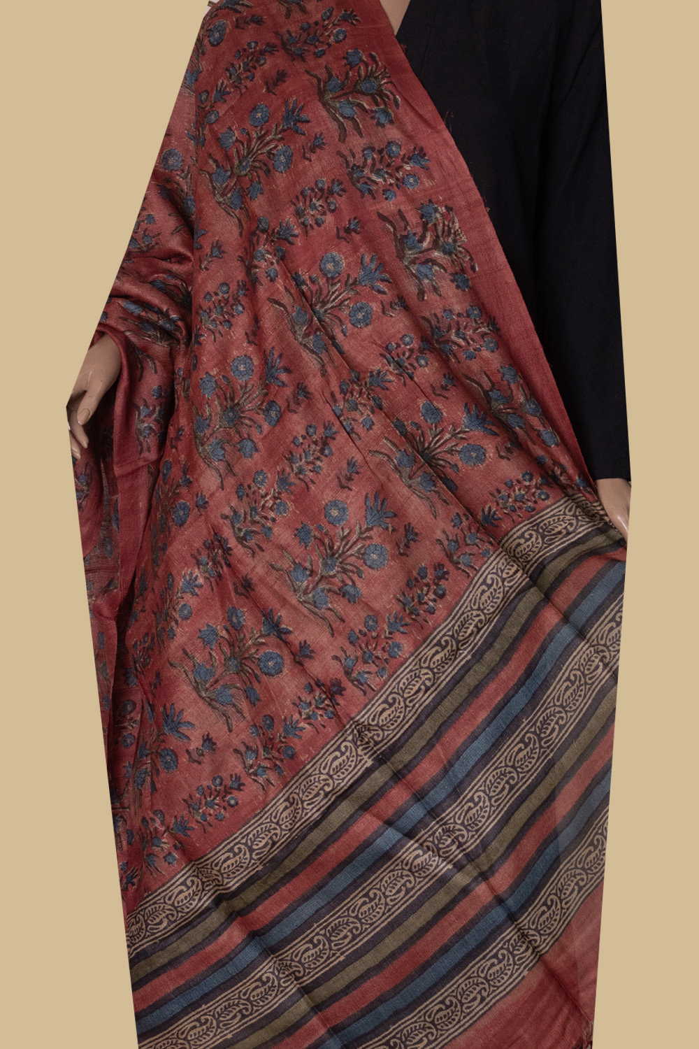 Floral Buttas on Maroon Block Printed Tussar Dupatta