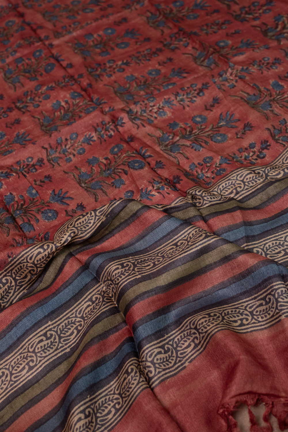 Floral Buttas on Maroon Block Printed Tussar Dupatta - Image 2