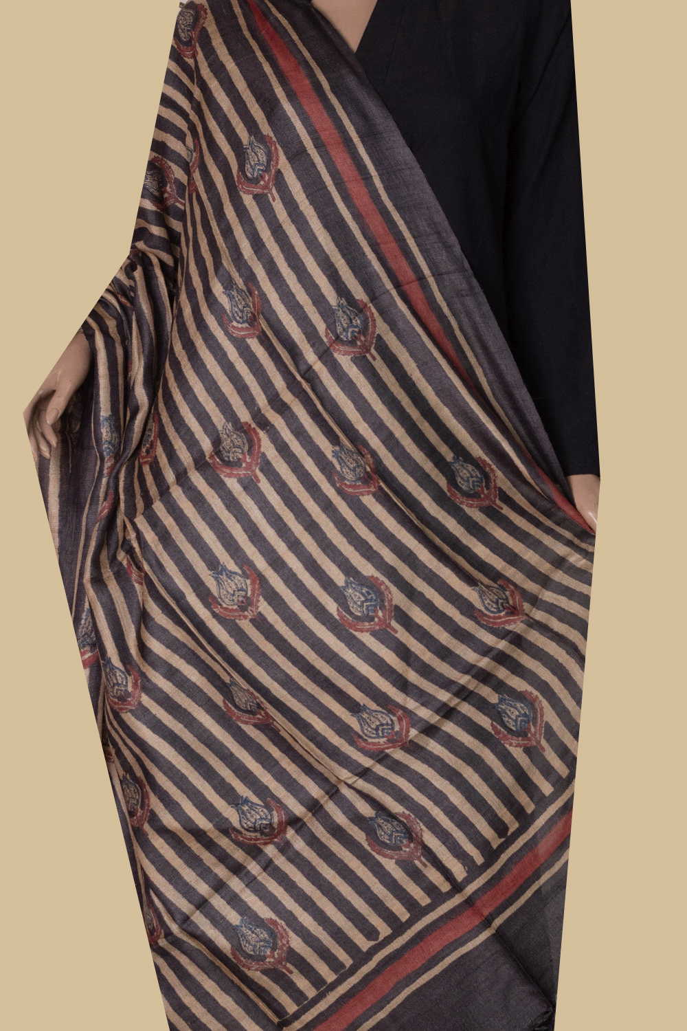 Striped Design - Cream Block Printed Tussar Dupatta