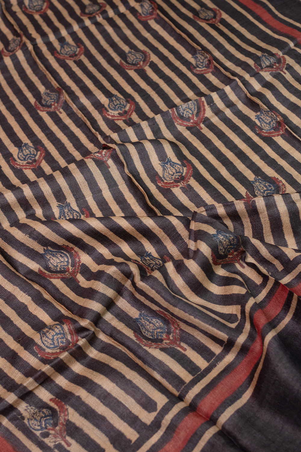 Striped Design - Cream Block Printed Tussar Dupatta - Image 2