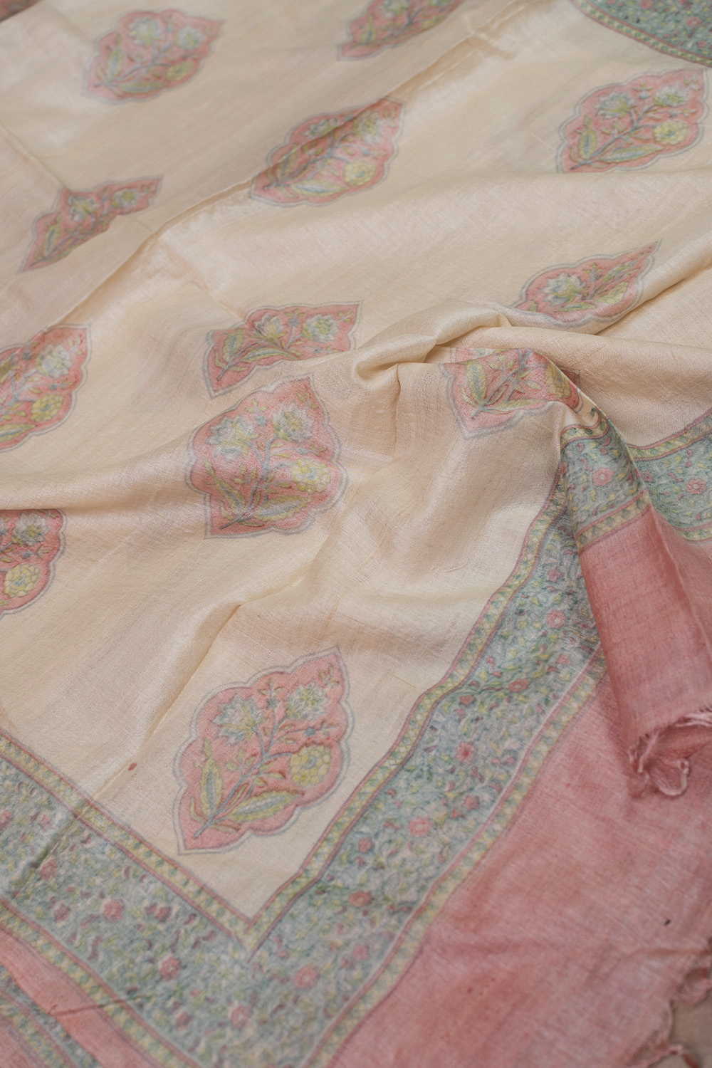 Diagonal Motifs - Cream Block Printed Tussar Dupatta - Image 2