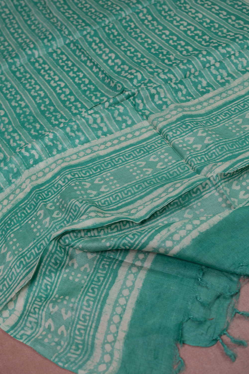 Stripe Pattern - Green Block Printed Tussar Dupatta - Image 2
