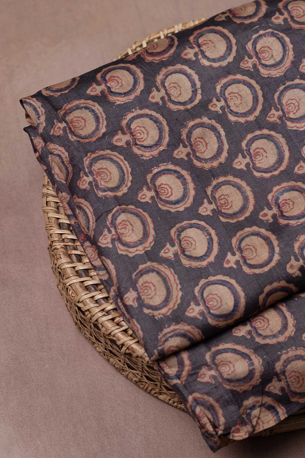 Buttas on Dark Grey Block Printed Tussar Fabric