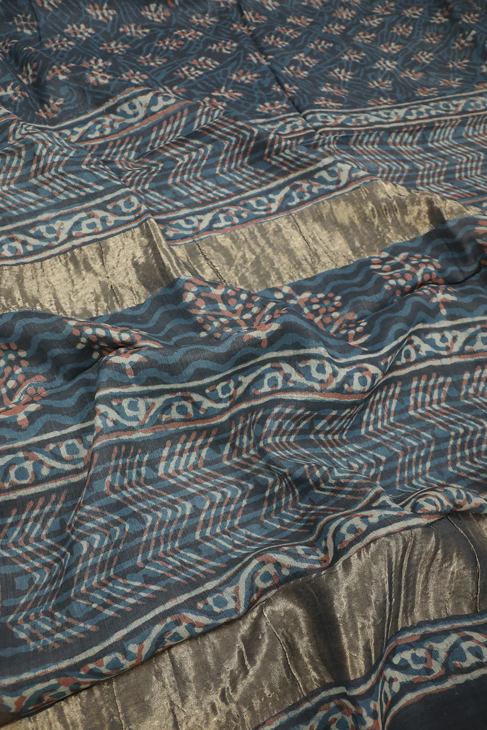 Grey with Motifs Block Printed Tussar Silk Saree - Image 3