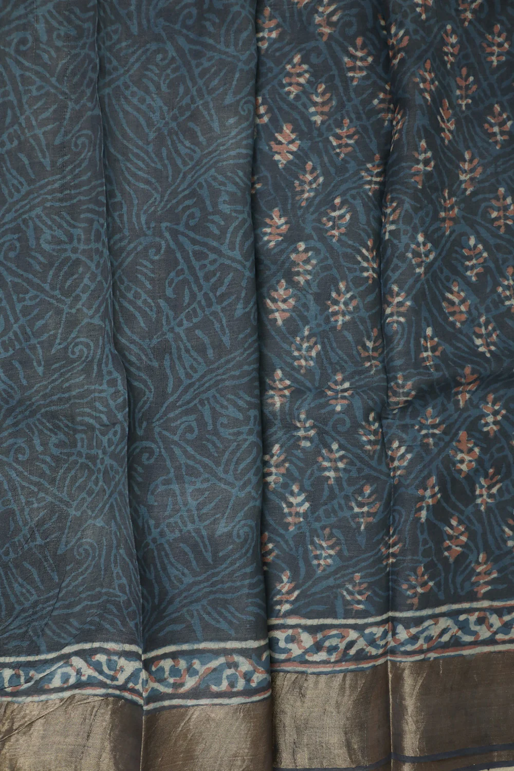Grey with Motifs Block Printed Tussar Silk Saree - Image 4