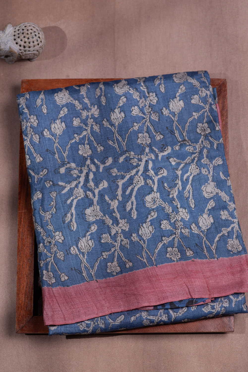 Floral Garden - Blue Block Printed Tussar saree