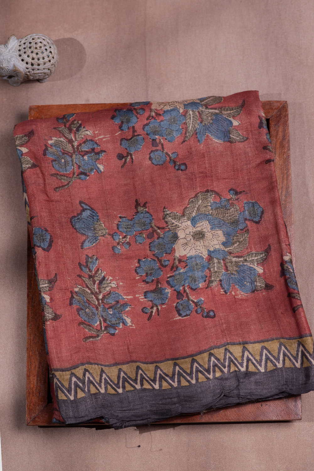 Rusted Maroon Block Printed Tussar saree