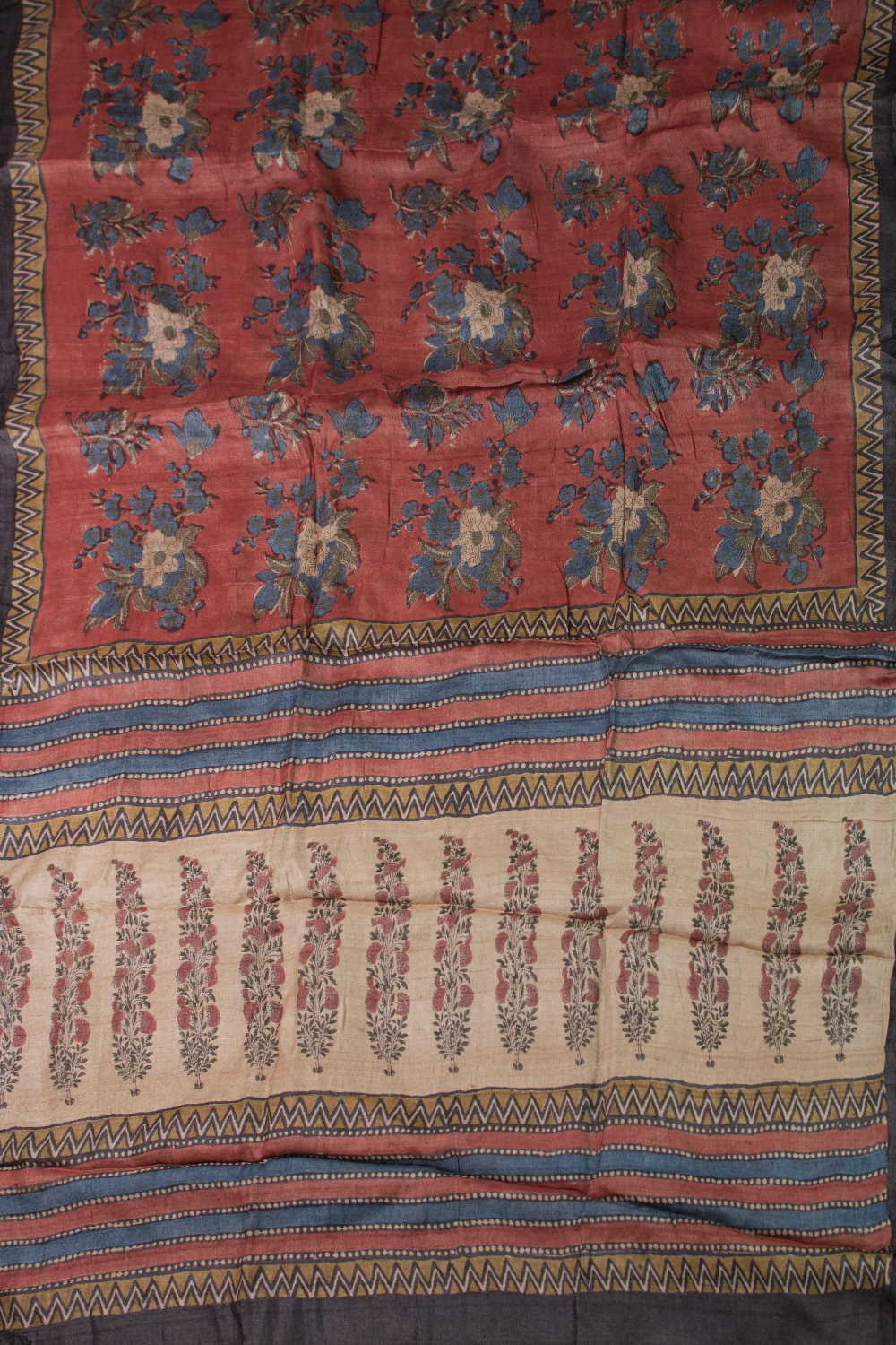 Rusted Maroon Block Printed Tussar saree - Image 2