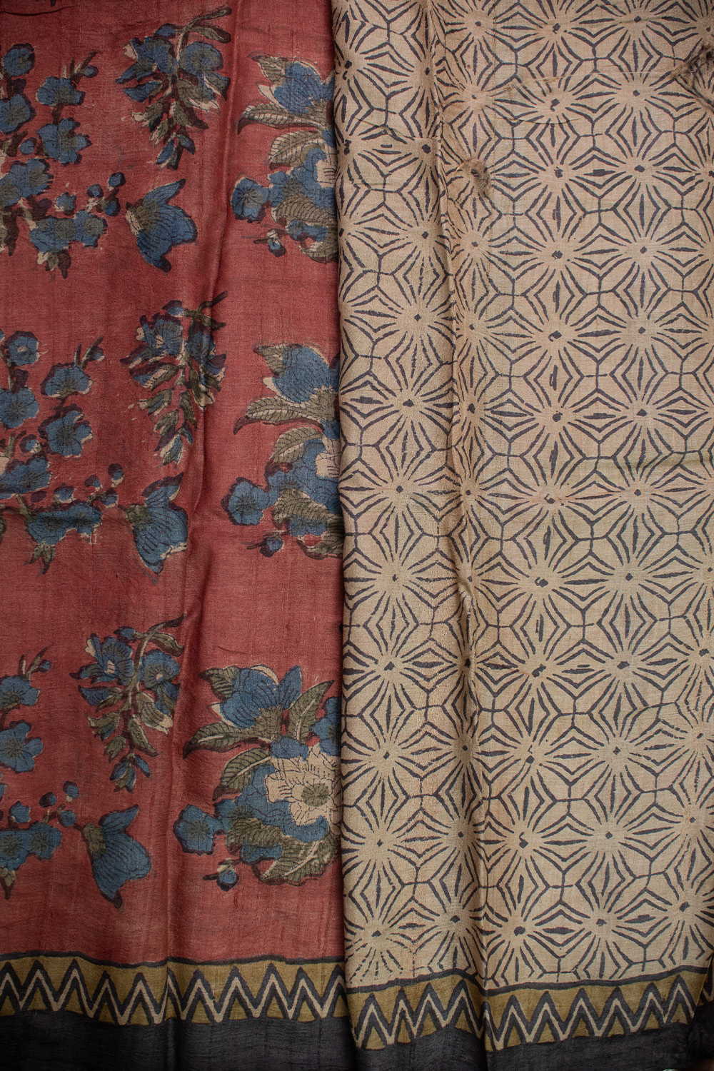 Rusted Maroon Block Printed Tussar saree - Image 4