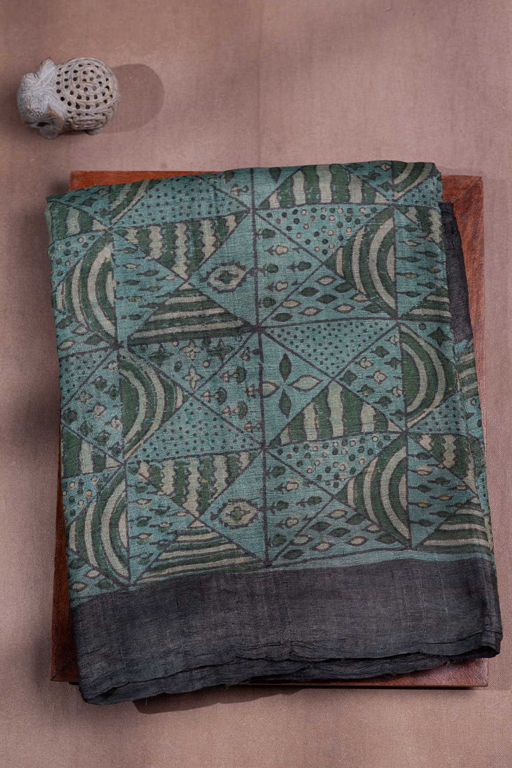 Geometric Pattern - Green Block Printed Tussar saree