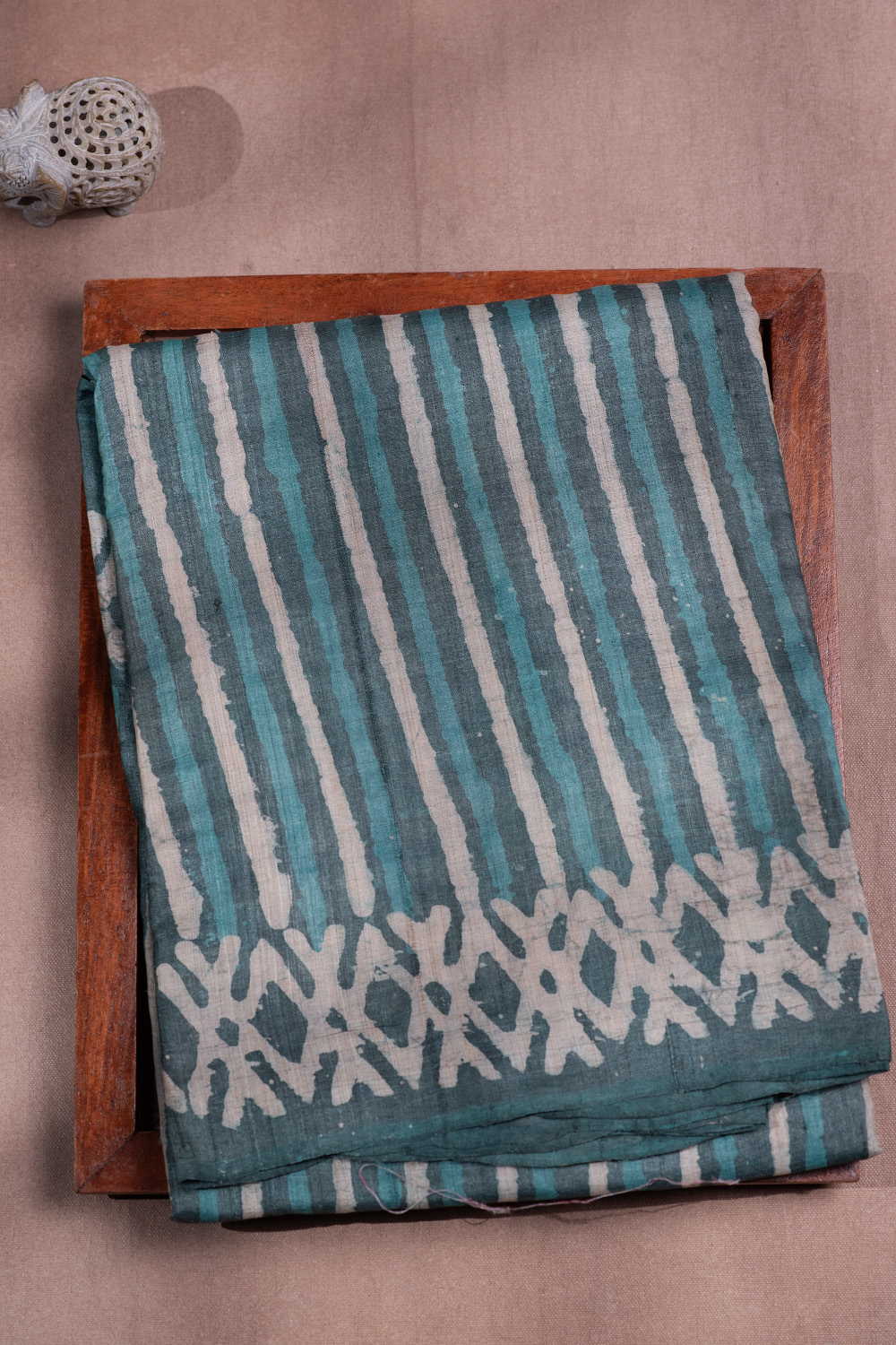 Stripe Pattern - Green Block Printed Tussar saree