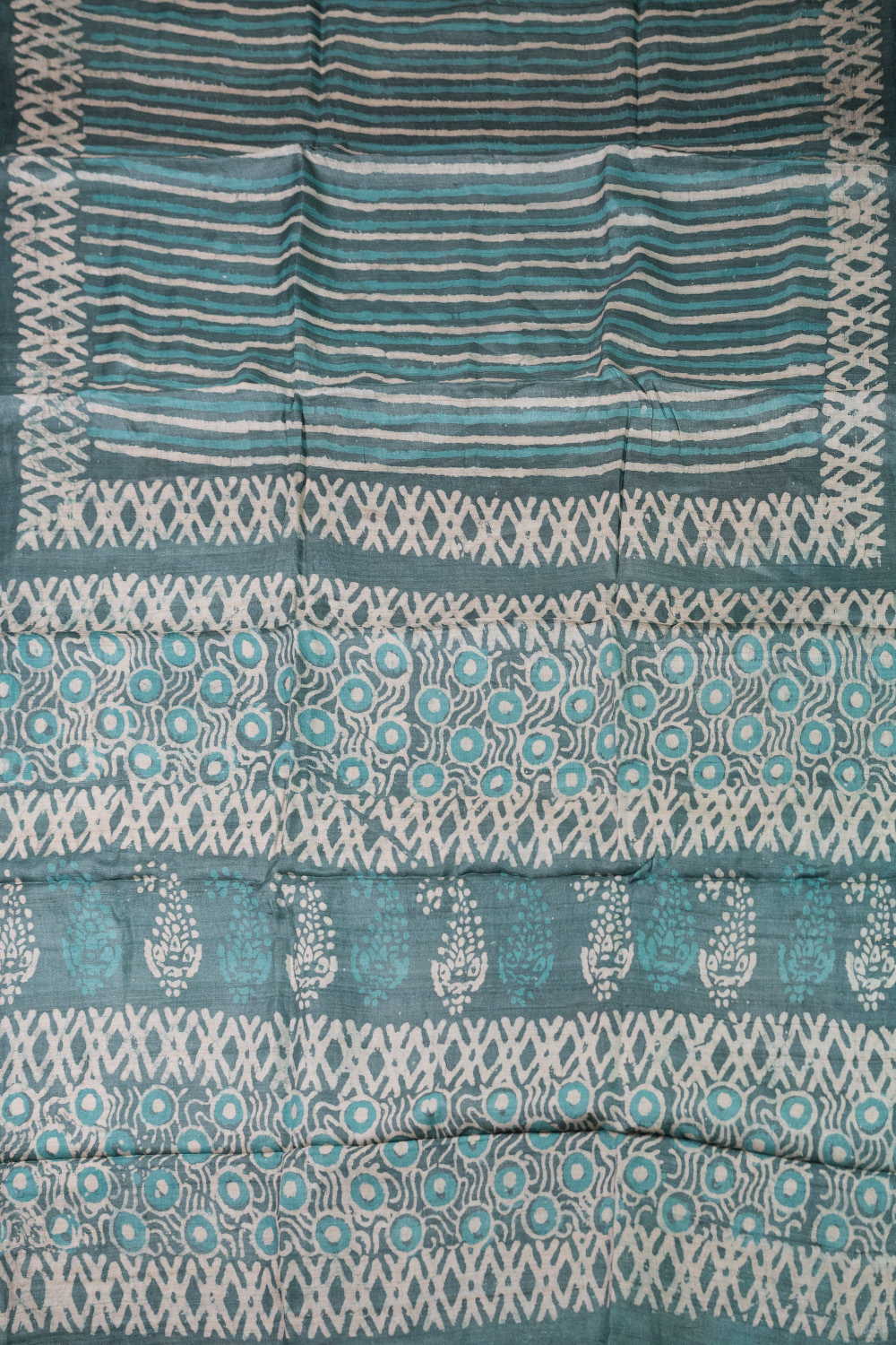 Stripe Pattern - Green Block Printed Tussar saree - Image 2