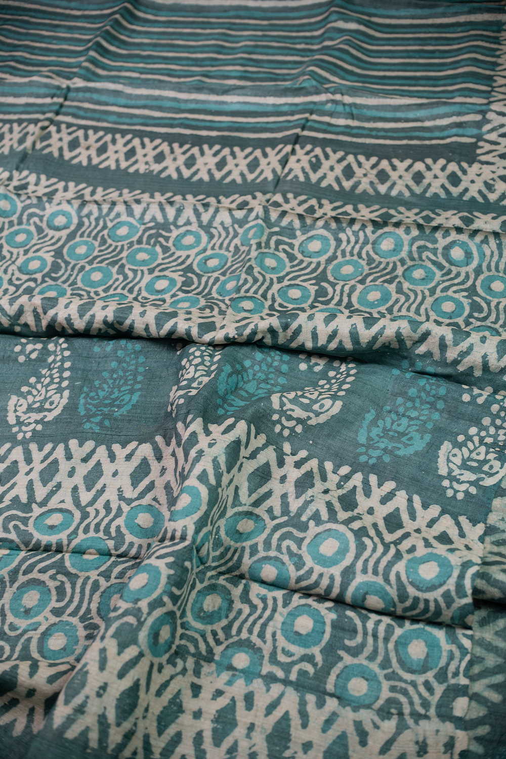 Stripe Pattern - Green Block Printed Tussar saree - Image 3