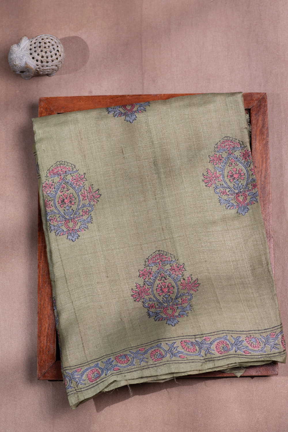 Olive Green Block Printed Tussar saree