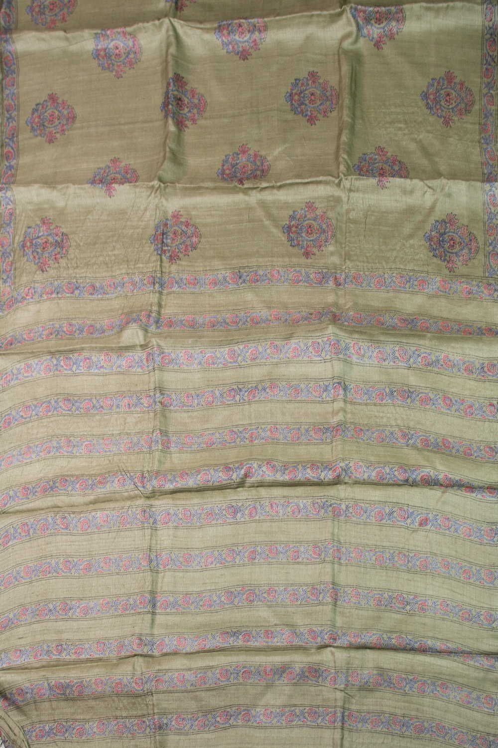 Olive Green Block Printed Tussar saree - Image 2