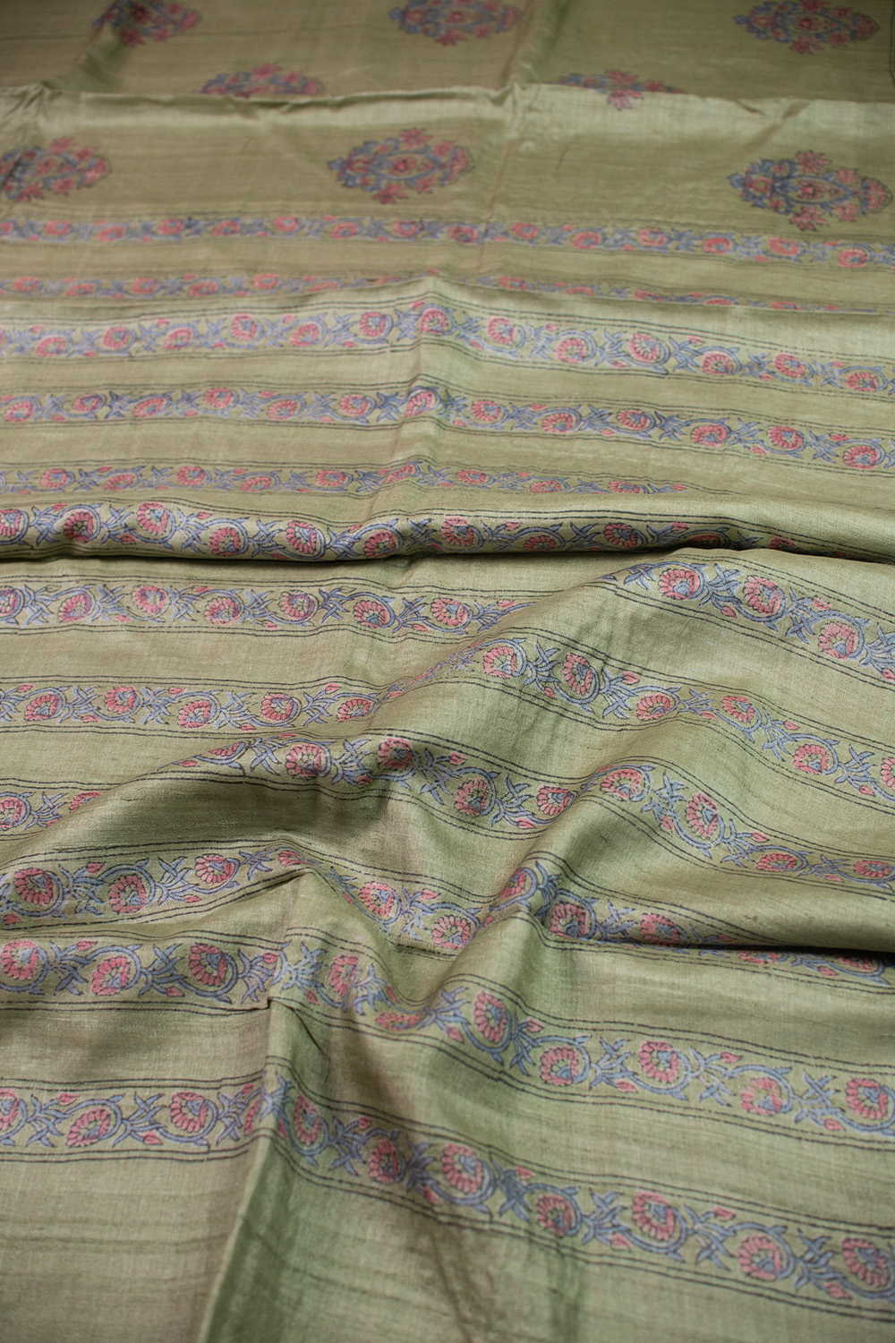 Olive Green Block Printed Tussar saree - Image 3