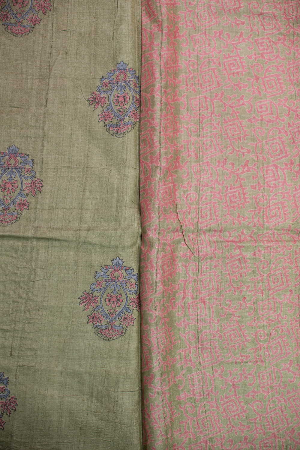 Olive Green Block Printed Tussar saree - Image 4