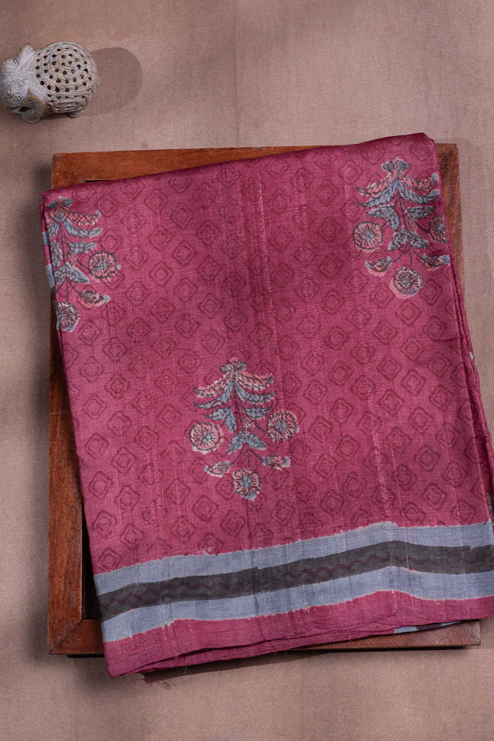 Rust Pink Block Printed Tussar saree