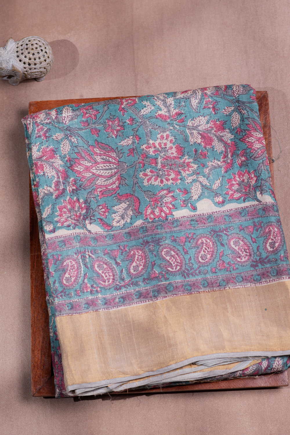 Floral Vein - Green Block Printed Tussar saree