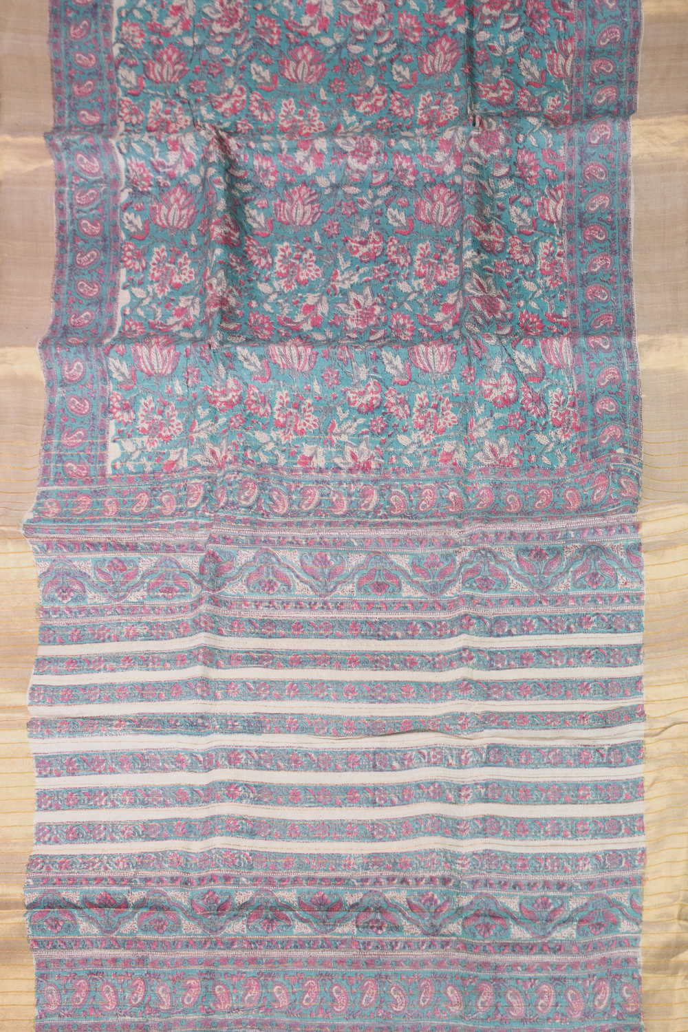 Floral Vein - Green Block Printed Tussar saree - Image 2